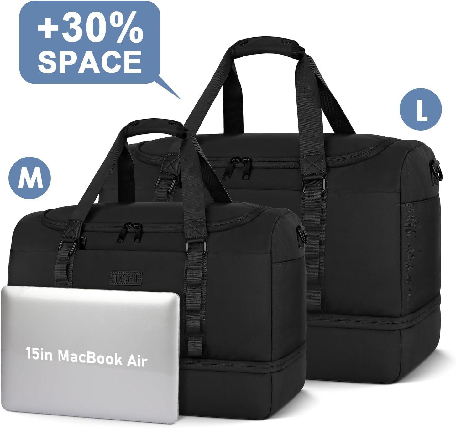 Travel Bag for Men Women, Duffle Bag & Gym Bag with Shoe Compartment, Weekender Overnight Bag with Toiletry Bag, Carry on Bags for Airplane for Travel, Trip, Gym, Yoga, Black - Image 2