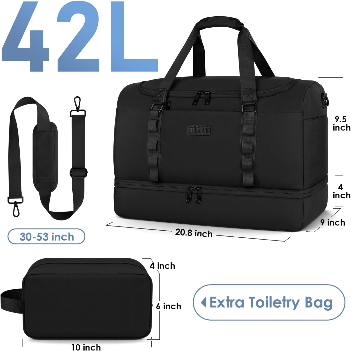 Travel Bag for Men Women, Duffle Bag & Gym Bag with Shoe Compartment, Weekender Overnight Bag with Toiletry Bag, Carry on Bags for Airplane for Travel, Trip, Gym, Yoga, Black - Image 6