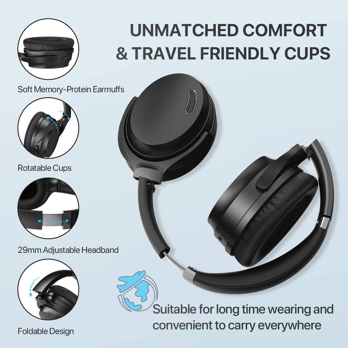 HROEENOI Active Noise Cancelling Headphones, JZ02 Bluetooth Headphones, Wireless Over Ear Headphones with CVC 8.0 Microphone Deep Bass Headset, 40 Hours Playtime for Travel Work TV Phone - Black - Image 5