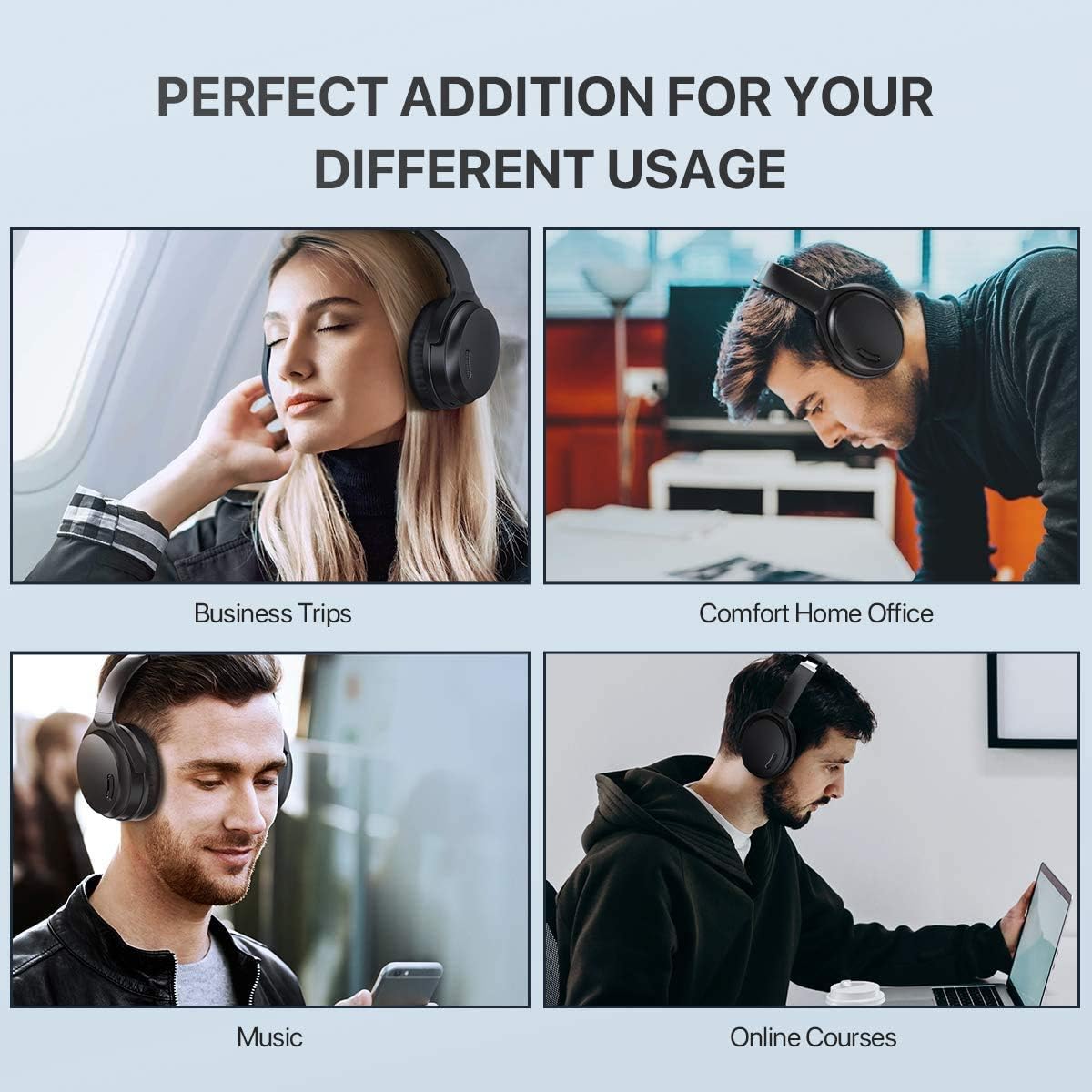 HROEENOI Active Noise Cancelling Headphones, JZ02 Bluetooth Headphones, Wireless Over Ear Headphones with CVC 8.0 Microphone Deep Bass Headset, 40 Hours Playtime for Travel Work TV Phone - Black - Image 6