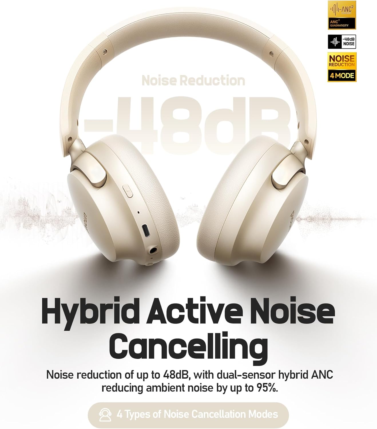 Picun NC60 Hybrid Active Noise Cancelling Headphones, Foldable Wireless Over Ear Bluetooth 5.4 Headphones, 80H Playtime, Transparency Mode, Stereo Bass, Custom EQ via App for Travel Home Khaki White - Image 2