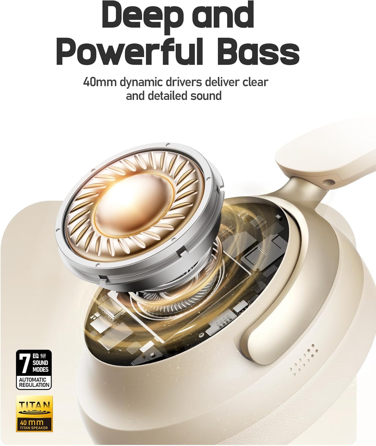 Picun NC60 Hybrid Active Noise Cancelling Headphones, Foldable Wireless Over Ear Bluetooth 5.4 Headphones, 80H Playtime, Transparency Mode, Stereo Bass, Custom EQ via App for Travel Home Khaki White - Image 4