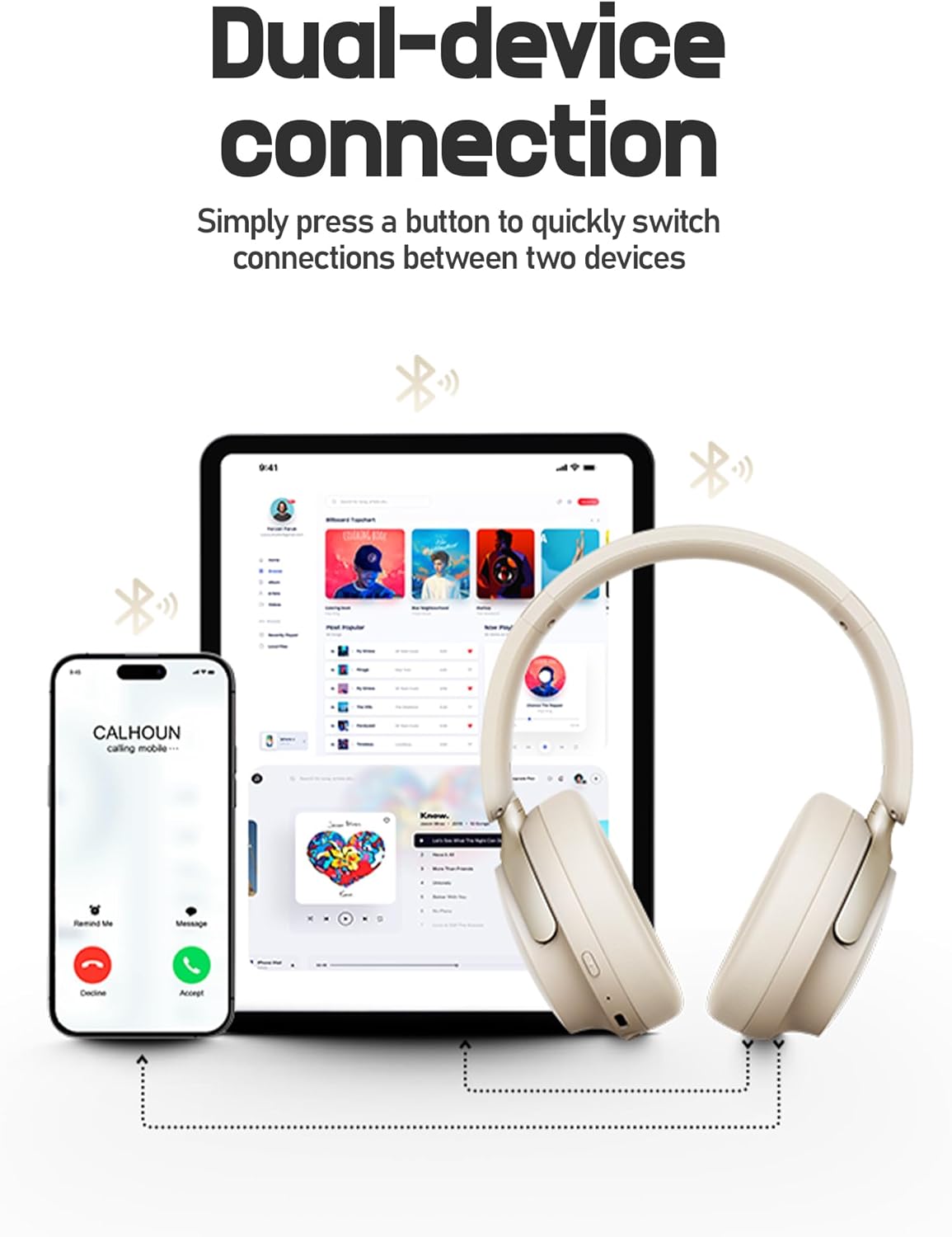 Picun NC60 Hybrid Active Noise Cancelling Headphones, Foldable Wireless Over Ear Bluetooth 5.4 Headphones, 80H Playtime, Transparency Mode, Stereo Bass, Custom EQ via App for Travel Home Khaki White - Image 8